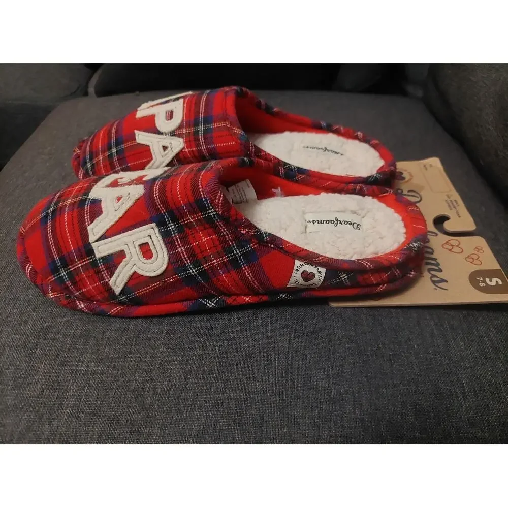 DEARFOAMS~Men's Small (7-8)~Fire Brick Red PAPA BEAR Plaid Clog Slippers New